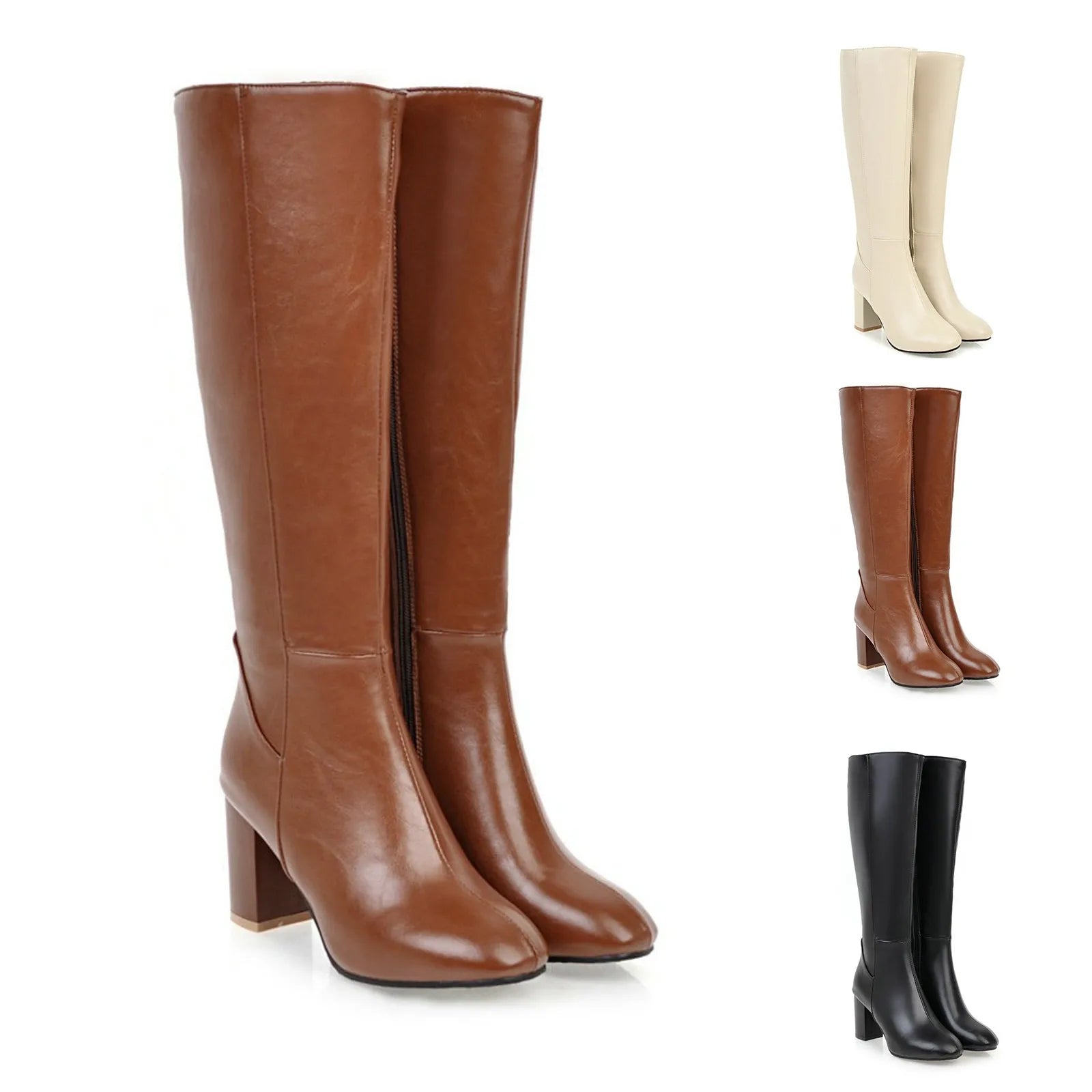 Leather Knee-High Boots with Block Heel and Pointed Toe - Dahlias & Honey 