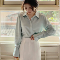 Satin Blouse with Flared Sleeves and Covered Buttons - Dahlias & Honey 