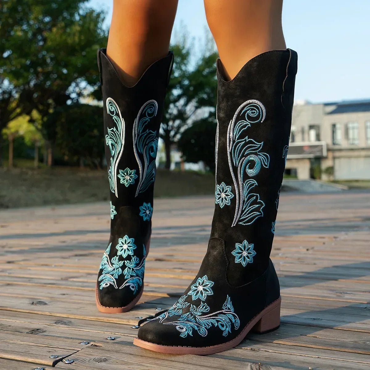 Embroidered Mid-Calf Wedge Boots - Dahlias & Honey 