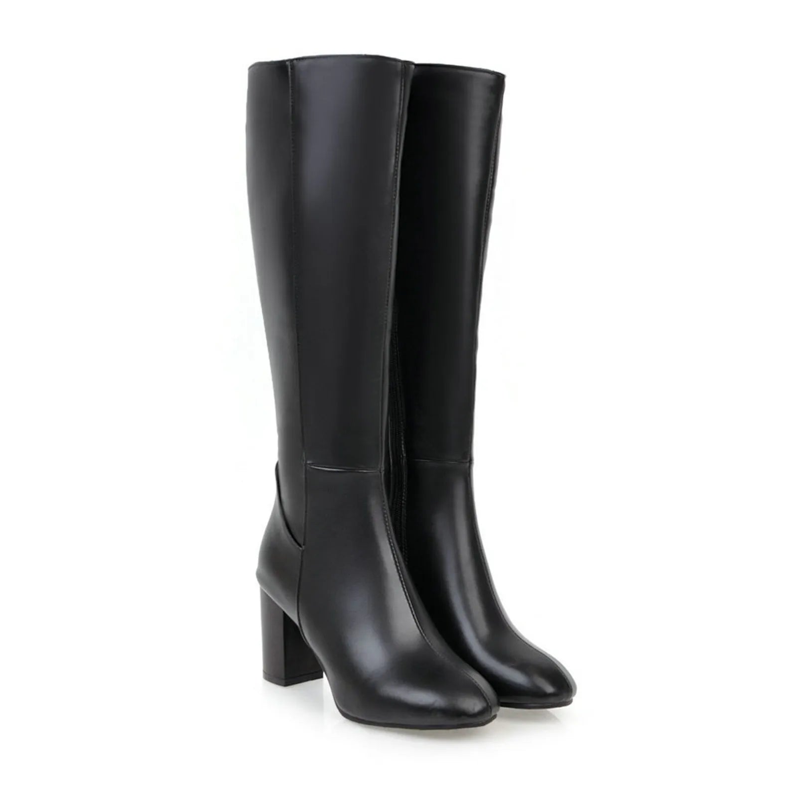 Leather Knee-High Boots with Block Heel and Pointed Toe - Dahlias & Honey 