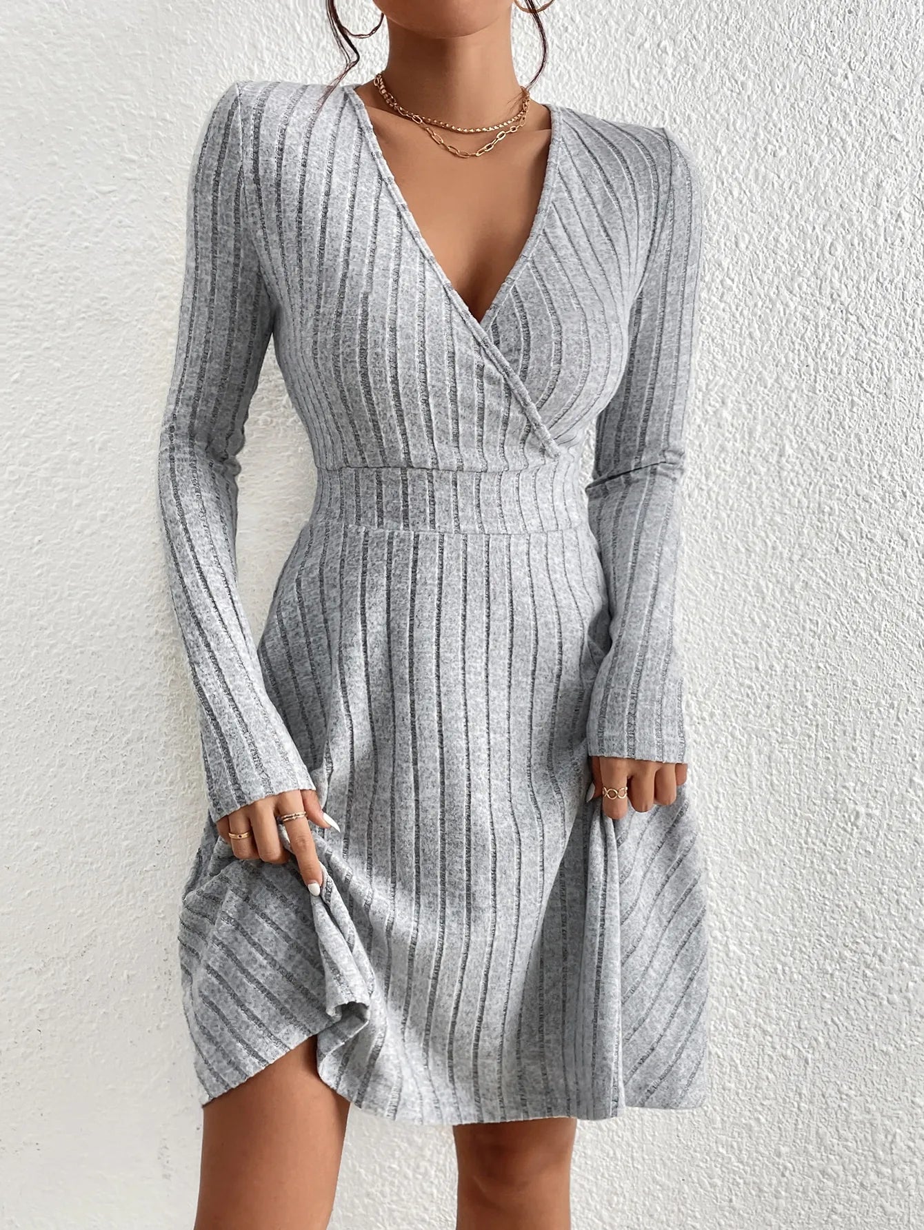 V-Neck Slim Knit Sweater Dress - Dahlias & Honey 