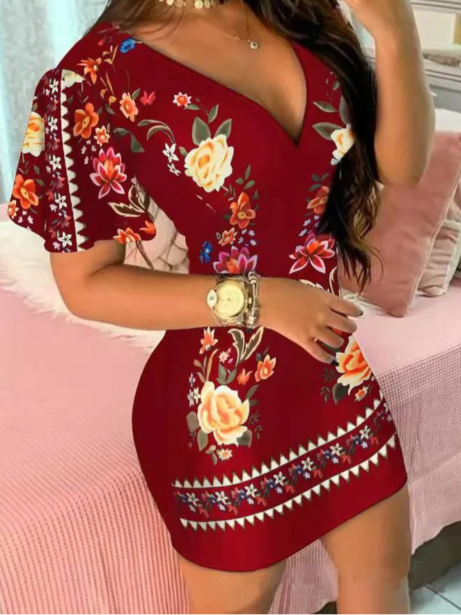 Floral Print V-Neck Mini Dress - Dahlias & Honey 