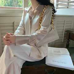 Satin Blouse with Flared Sleeves and Covered Buttons - Dahlias & Honey 