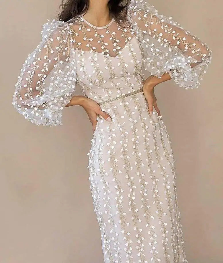 Long-Sleeved Embroidered Mesh Dress - Dahlias & Honey 