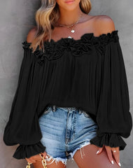 Off-Shoulder Ruffle Hem Lantern Sleeve Top - Dahlias & Honey 