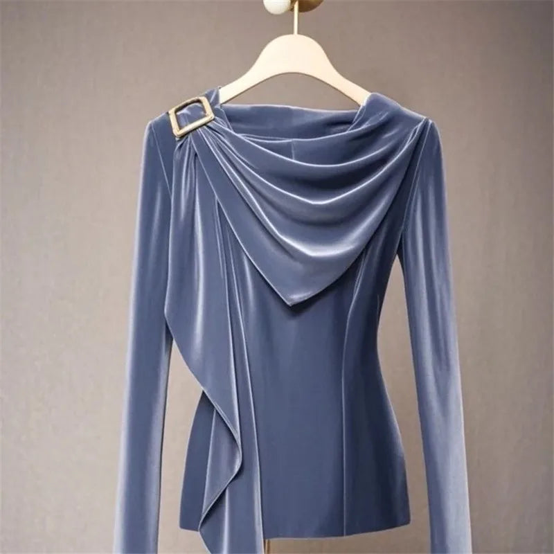 French Velvet Pullover Blouse with Asymmetrical Hem - Dahlias & Honey 