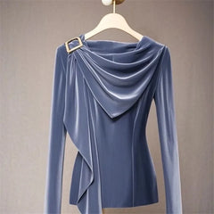 French Velvet Pullover Blouse with Asymmetrical Hem - Dahlias & Honey 