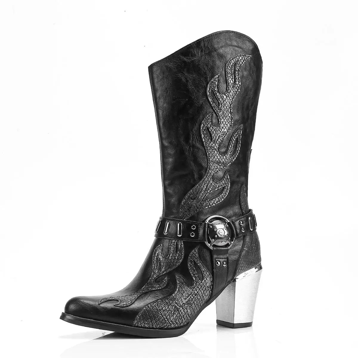 Textured Flame Western Mid-Calf Boots with Pointed Toe - Dahlias & Honey 