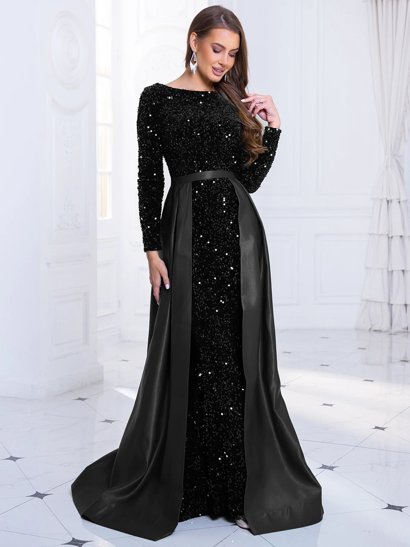 Long Sleeve Floor-Length Sequin Gown - Dahlias & Honey 