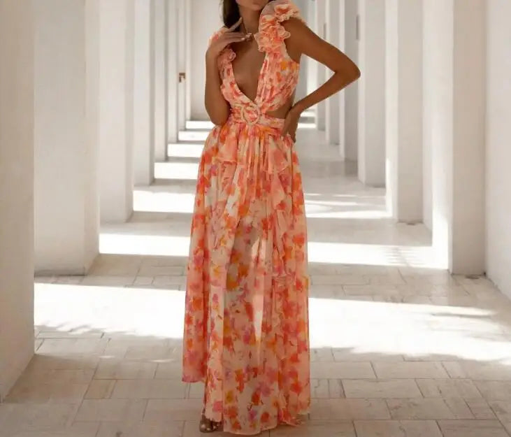 Sleeveless Backless Ruffle Trimmed Maxi Dress - Dahlias & Honey 