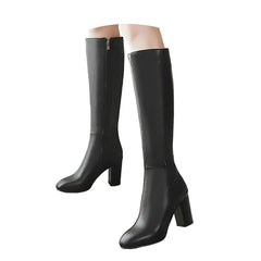 Leather Knee-High Boots with Block Heel and Pointed Toe - Dahlias & Honey 