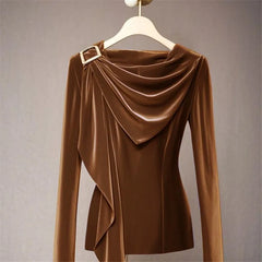 French Velvet Pullover Blouse with Asymmetrical Hem - Dahlias & Honey 