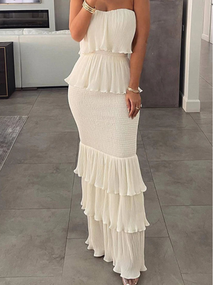 Bandeau Shirred Layered Ruffle Hem Dress - Dahlias & Honey 