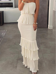 Bandeau Shirred Layered Ruffle Hem Dress - Dahlias & Honey 