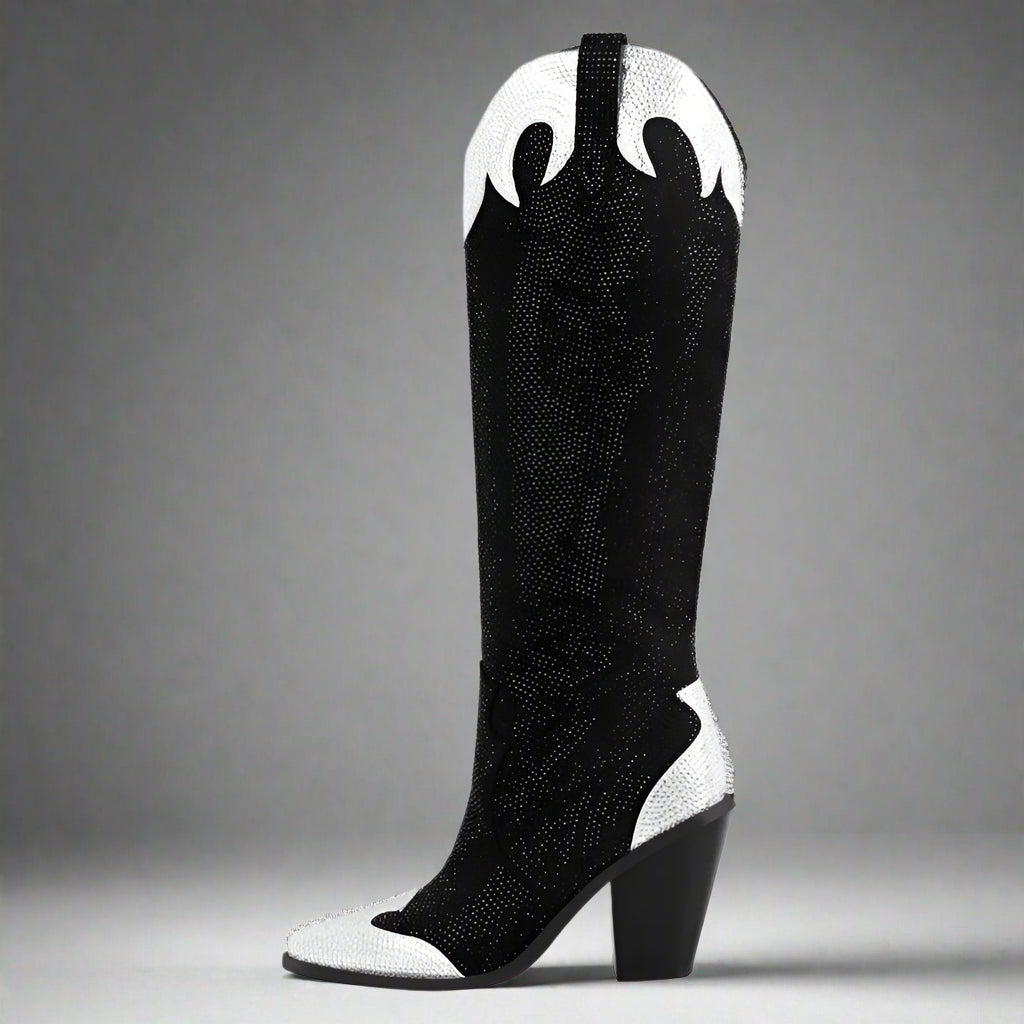 Pointed Toe Knee-High Rhinestone Western Boots - Dahlias & Honey 