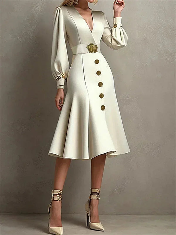 Pleated V-Neck A-Line Dress with Belted Waist - Dahlias & Honey 
