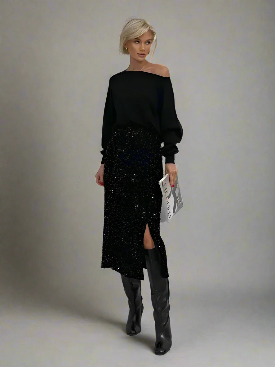 High-Waisted Sequin Midi Skirt with Side Slit - Dahlias & Honey 