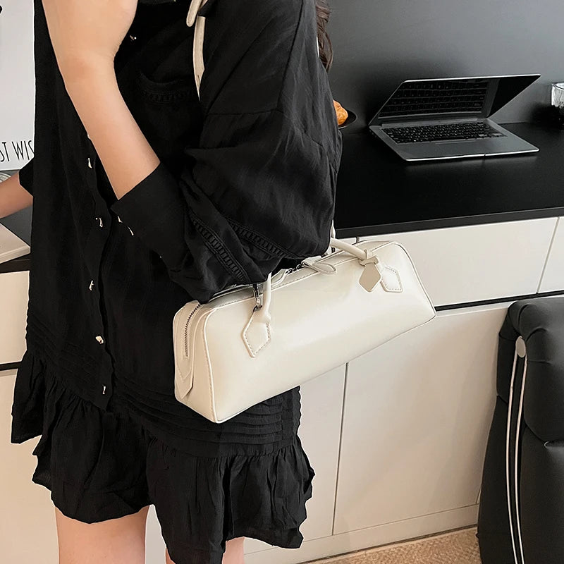 Double-Zip PU Leather Bowling Shoulder Bag - Dahlias & Honey 