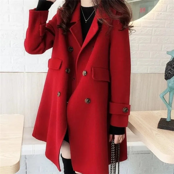 Double-Breasted Red Woolen Coat - Dahlias & Honey 