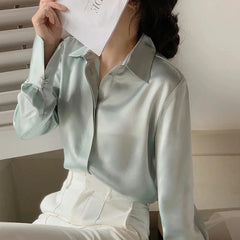 Satin Blouse with Flared Sleeves and Covered Buttons - Dahlias & Honey 