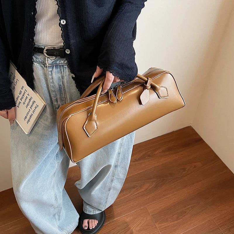 Double-Zip PU Leather Bowling Shoulder Bag - Dahlias & Honey 