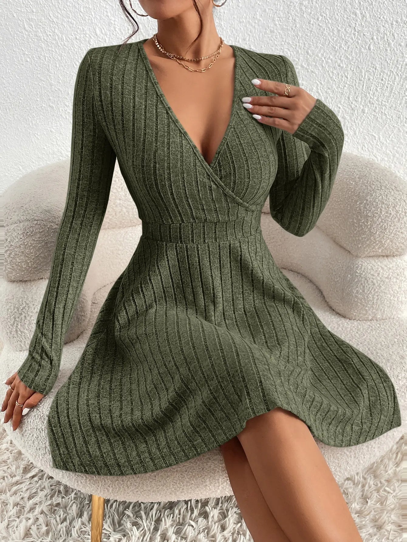 V-Neck Slim Knit Sweater Dress - Dahlias & Honey 