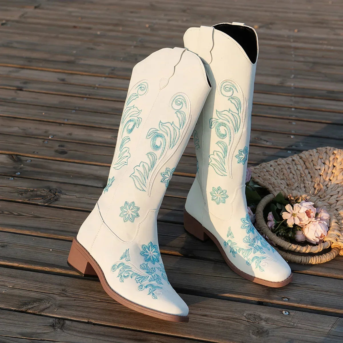 Embroidered Mid-Calf Wedge Boots - Dahlias & Honey 