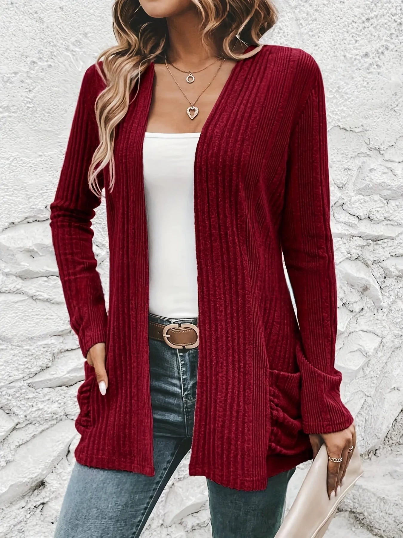 Open Front Long Sleeve Cardigan with Double Pockets - Dahlias & Honey 