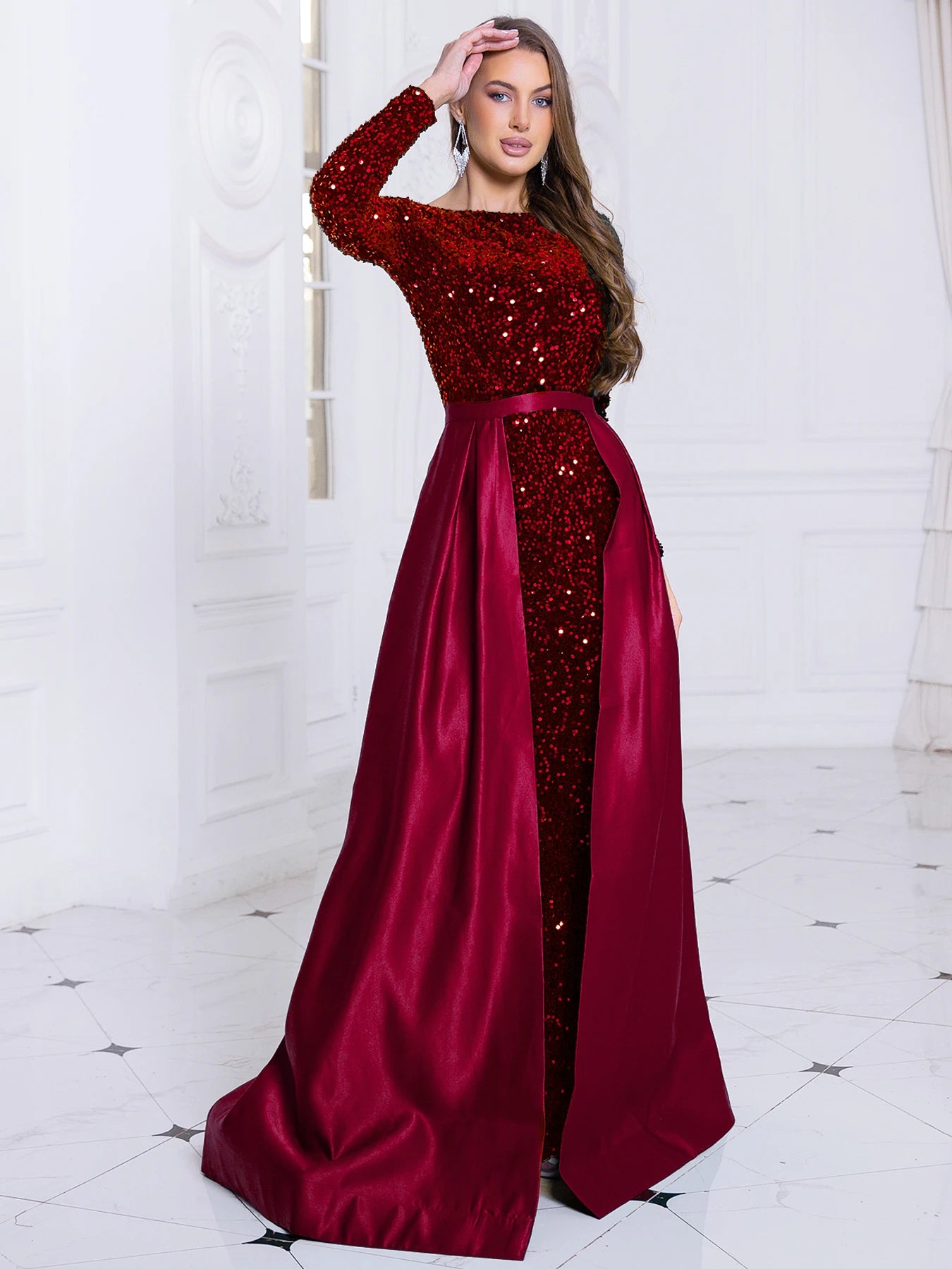 Long Sleeve Floor-Length Sequin Gown - Dahlias & Honey 