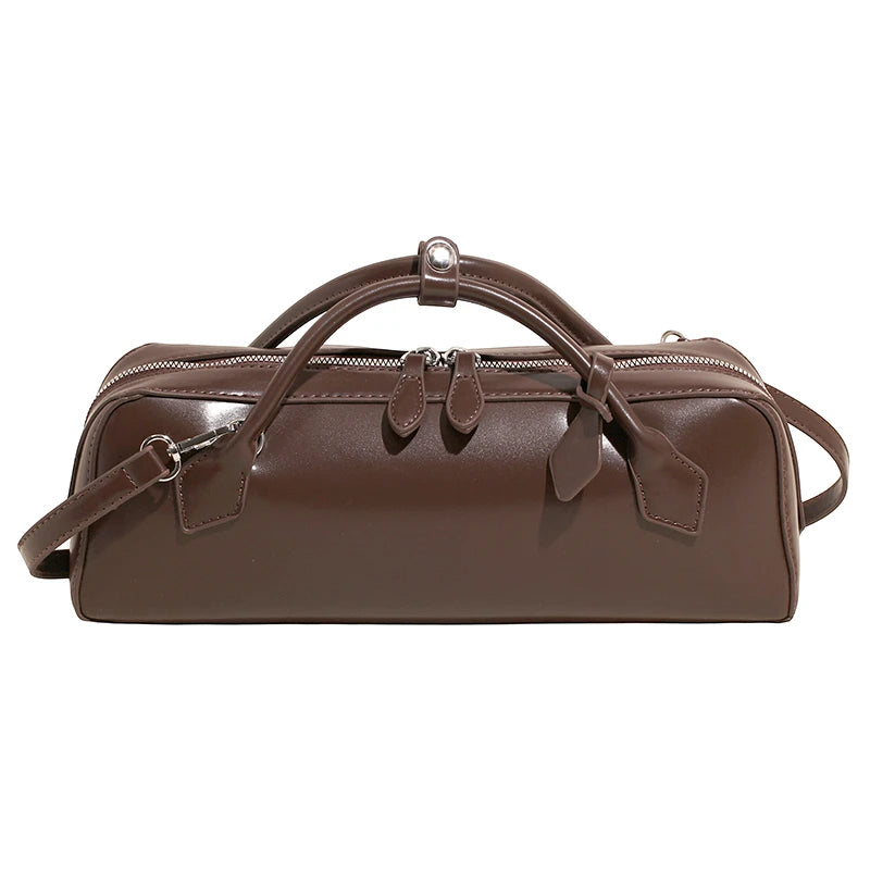 Double-Zip PU Leather Bowling Shoulder Bag - Dahlias & Honey 