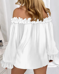 Off-Shoulder Ruffle Hem Lantern Sleeve Top - Dahlias & Honey 