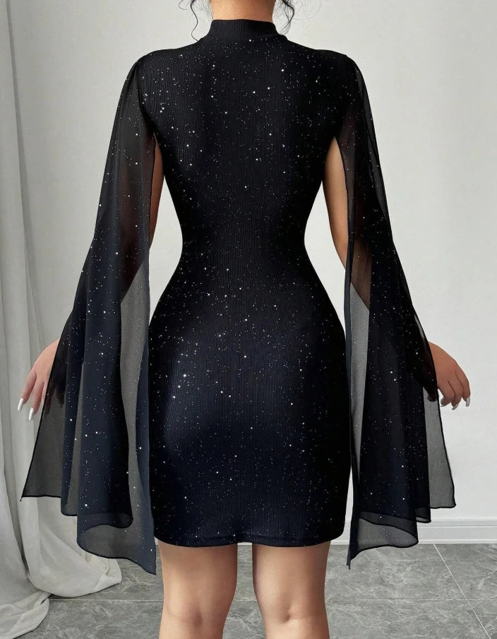 Sheer Cape Sleeve Hip-Hugging Dress - Dahlias & Honey 