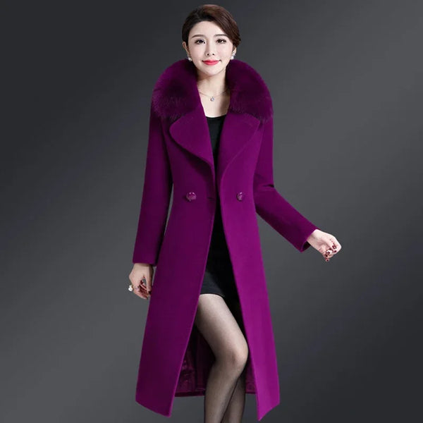 Long Wool-Blend Coat with Oversized Faux Fur Collar - Dahlias & Honey 