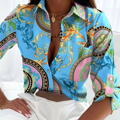 Printed Long Sleeve Button Blouse - Dahlias & Honey 