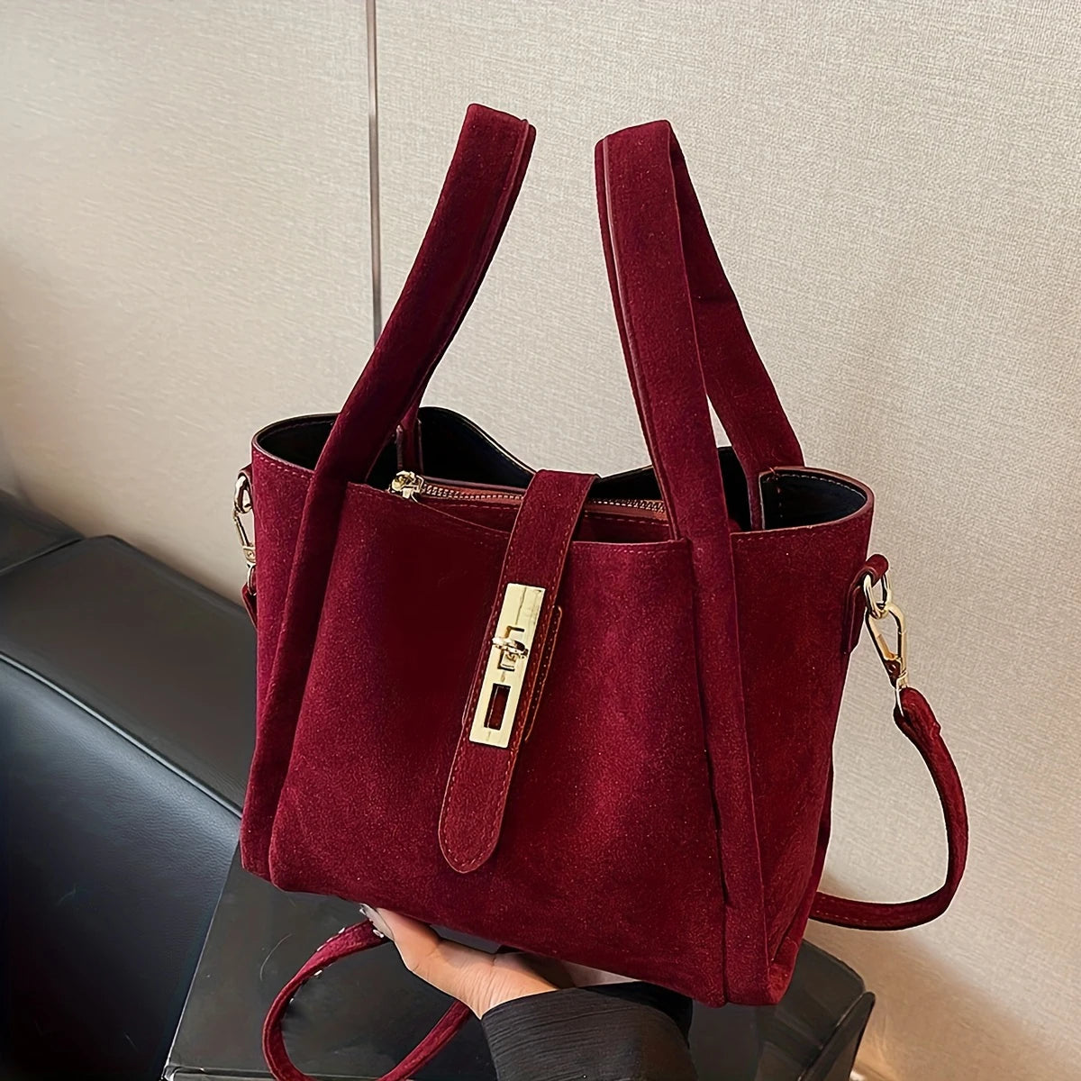 Frosted Suede Bucket Handbag with Structured Silhouette - Dahlias & Honey 