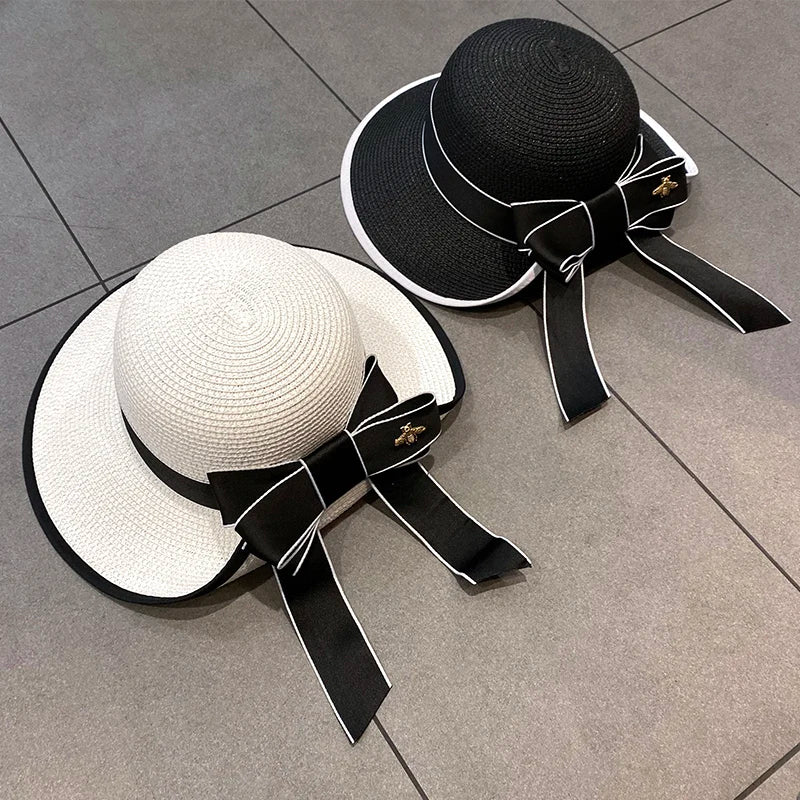 Wide Brim Summer Straw Hat with Bow Detail - Dahlias & Honey 