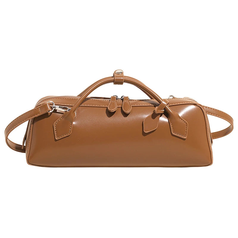 Double-Zip PU Leather Bowling Shoulder Bag - Dahlias & Honey 