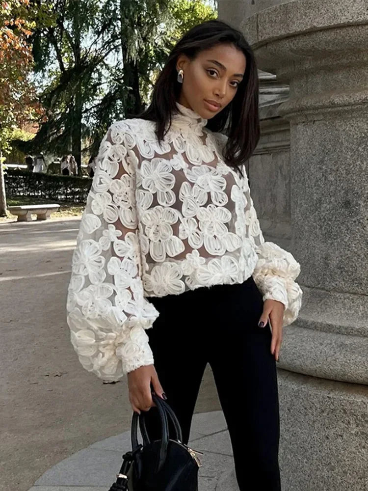 Sheer Floral Mesh Lantern Sleeve Top - Dahlias & Honey 