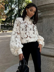 Sheer Floral Mesh Lantern Sleeve Top - Dahlias & Honey 