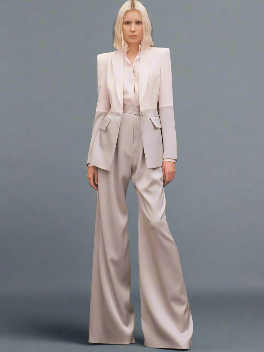 Color Block Blazer and Wide-Leg Pants Suit Set - Dahlias & Honey 
