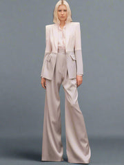 Color Block Blazer and Wide-Leg Pants Suit Set - Dahlias & Honey 