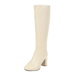 Leather Knee-High Boots with Block Heel and Pointed Toe - Dahlias & Honey 