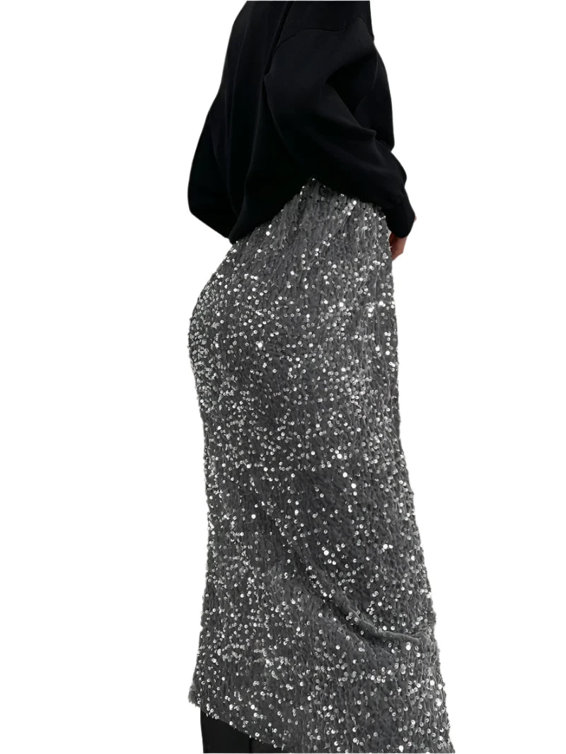 High-Waisted Sequin Midi Skirt with Side Slit - Dahlias & Honey 
