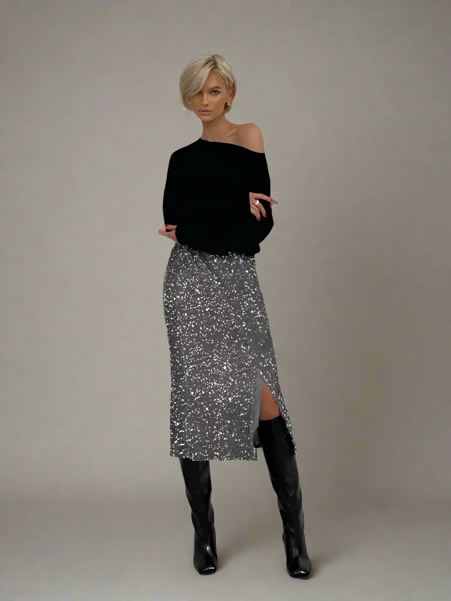 High-Waisted Sequin Midi Skirt with Side Slit - Dahlias & Honey 