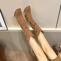 Hollow Embroidered Western Boots – Vintage Mid-Calf with Chunky Heel - Dahlias & Honey 