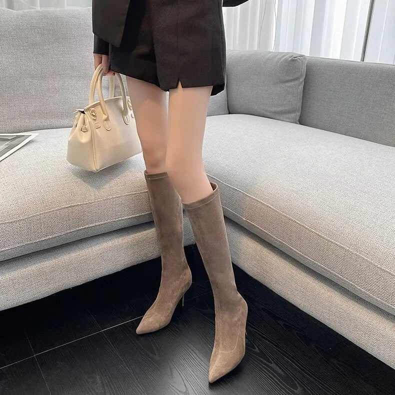 Faux Suede High Heel Knee Boots - Dahlias & Honey 