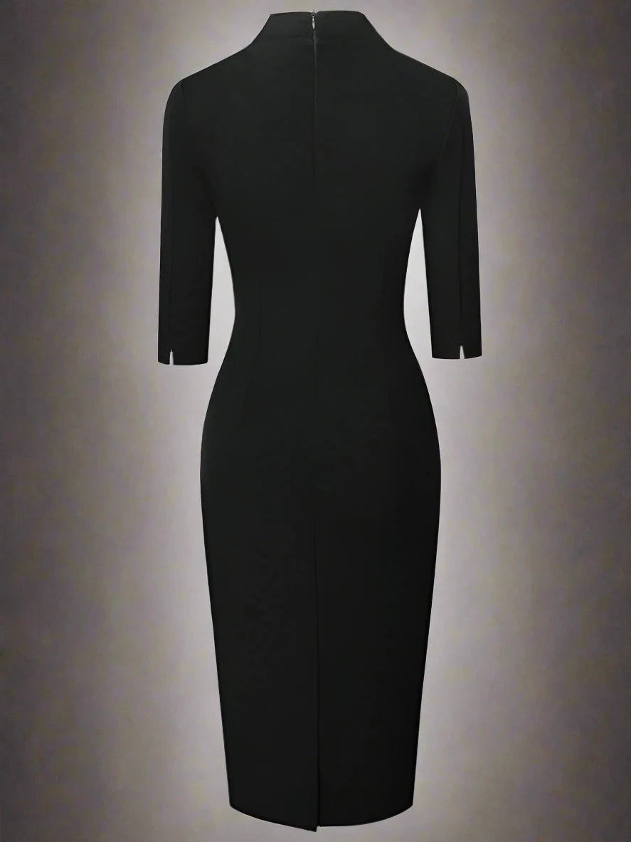 Black V-Neck Pencil Dress with Three-Quarter Sleeves - Dahlias & Honey 