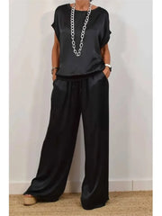 Satin Two-Piece Set – Short Sleeve Top & Wide-Leg Pants - Dahlias & Honey 