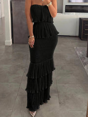 Bandeau Shirred Layered Ruffle Hem Dress - Dahlias & Honey 