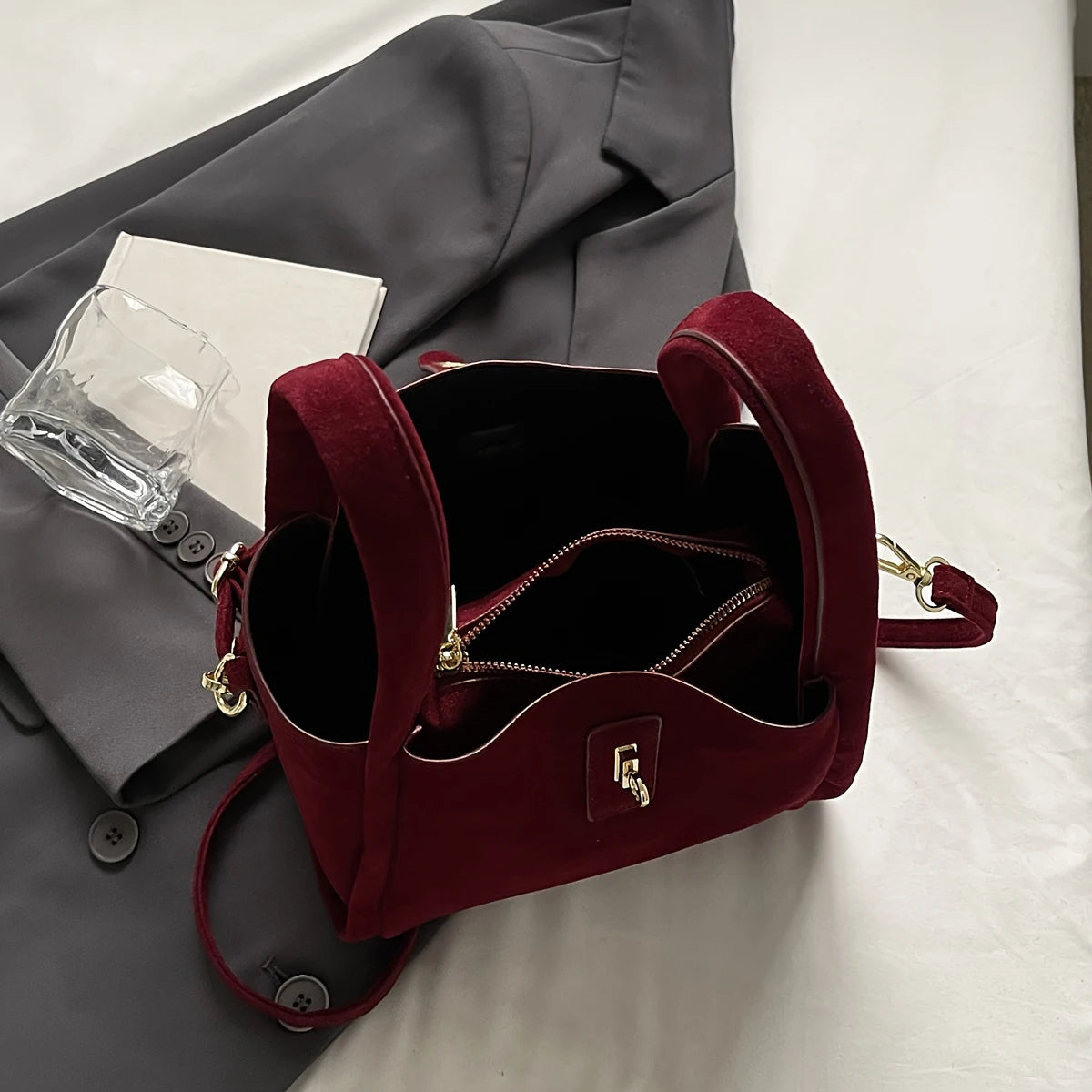 Frosted Suede Bucket Handbag with Structured Silhouette - Dahlias & Honey 